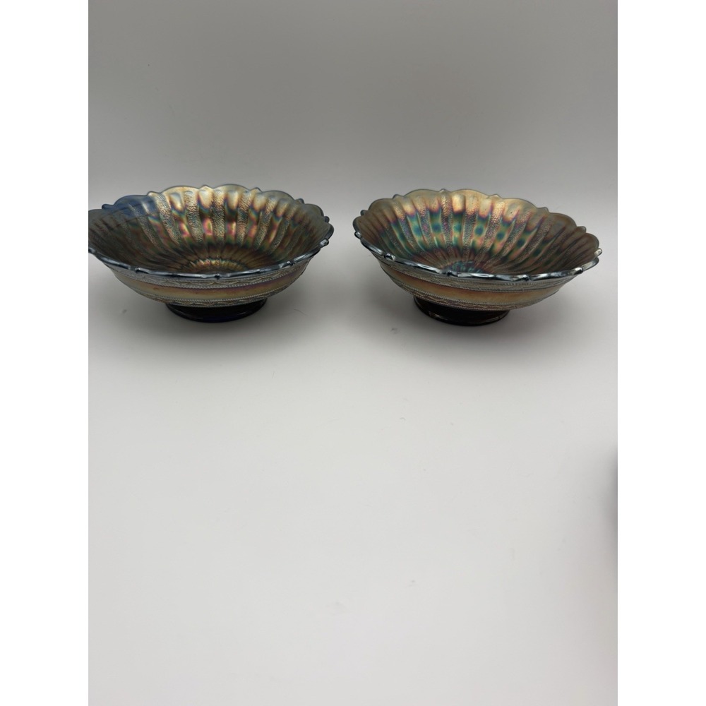 Pair Vintage Cobalt Blue Carnival Glass Bowls Iridescent Ribbed Scalloped
